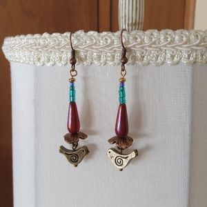 Folk Art Bird Natural Earrings Dangle Artisan Boho Oxidized Brass New Teardrop